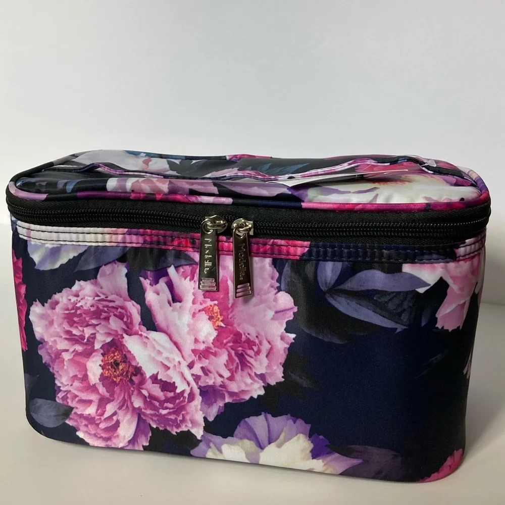 Modella Cosmetic Train Case in Midnight Blue & Pink Floral Pattern with Handle